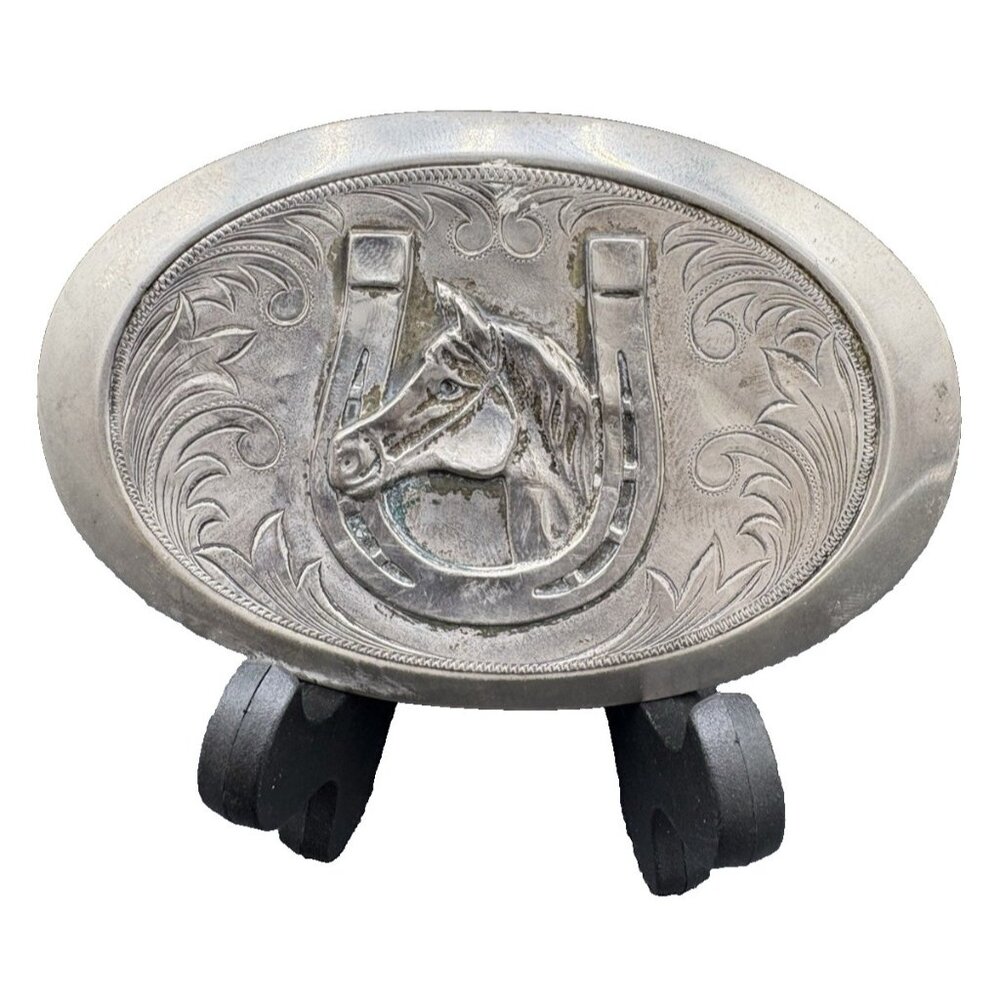 Vtg Belt Buckle Cowboy Western Rodeo1970s Horse Head in Horseshoe Silver tone